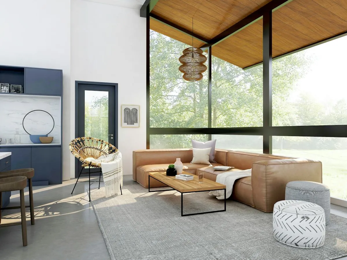 Bright living room with expansive glazing and contemporary furniture
