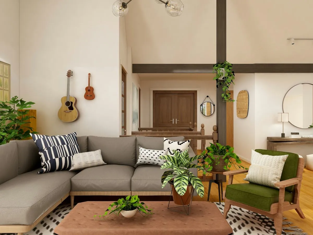 Cosy interior with neutral sofa and leafy plants