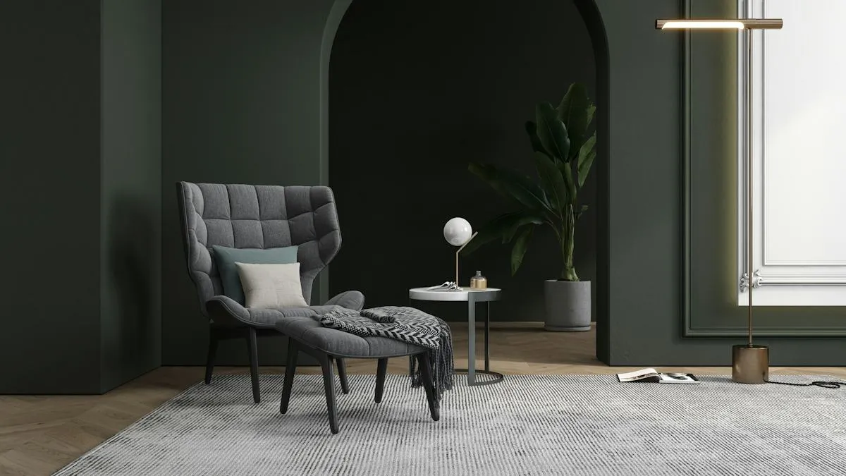 Moody seating corner with an upholstered armchair and dark walls
